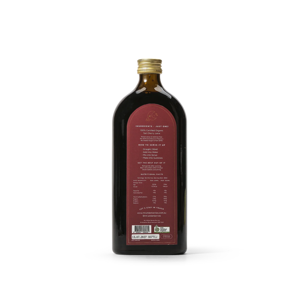 Mt. Wilder Berries Certified Organic Tart Cherry Juice – back