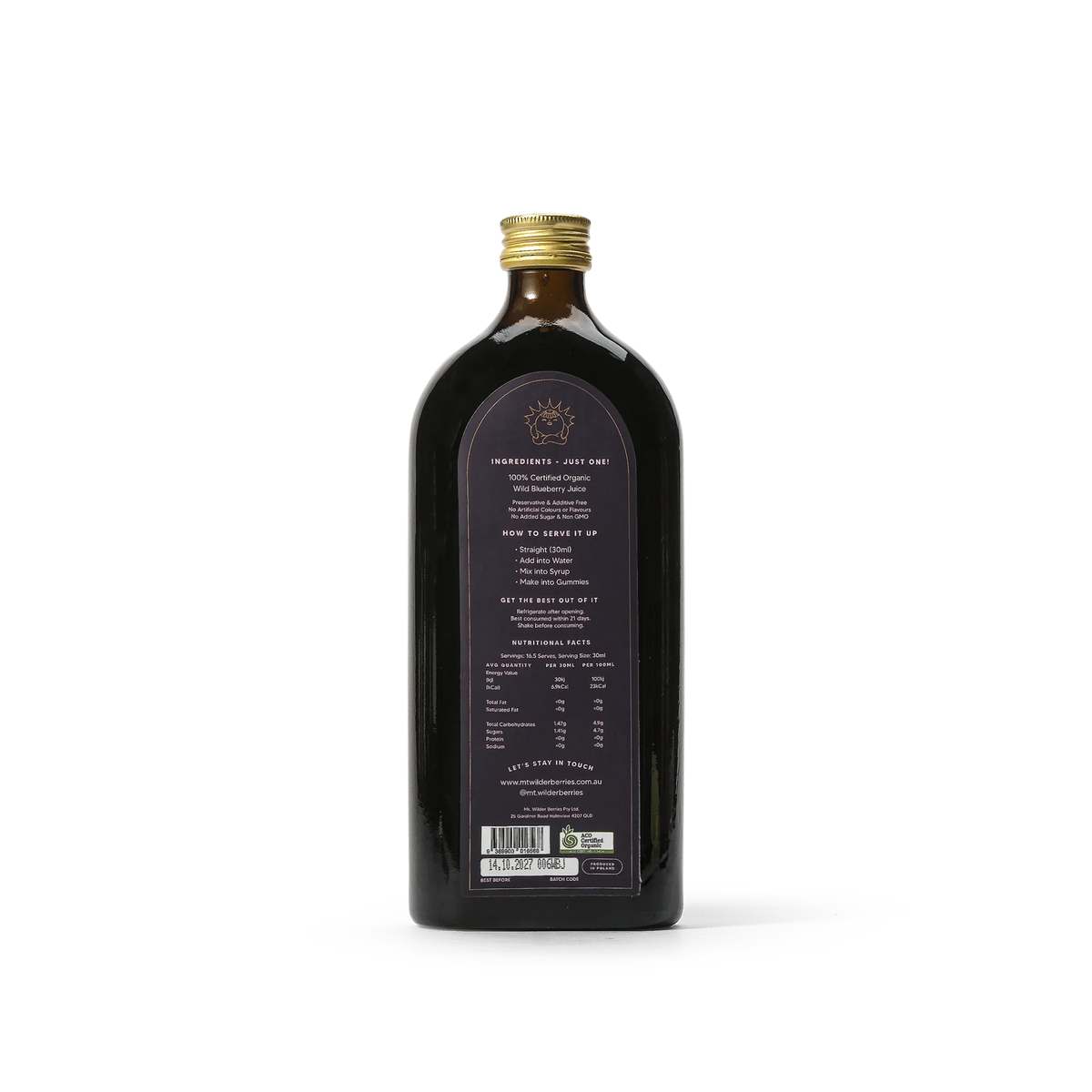 Mt. Wilder Berries Certified Organic Wild Blueberry Juice – back