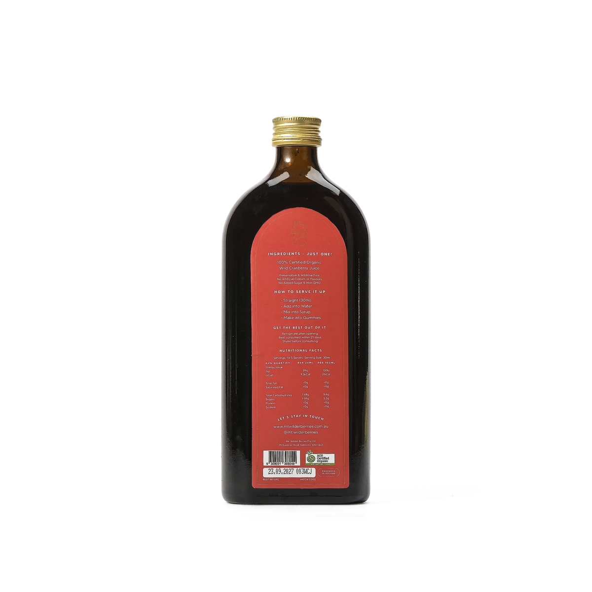 Mt. Wilder Berries Certified Organic Wild Cranberry Juice – back