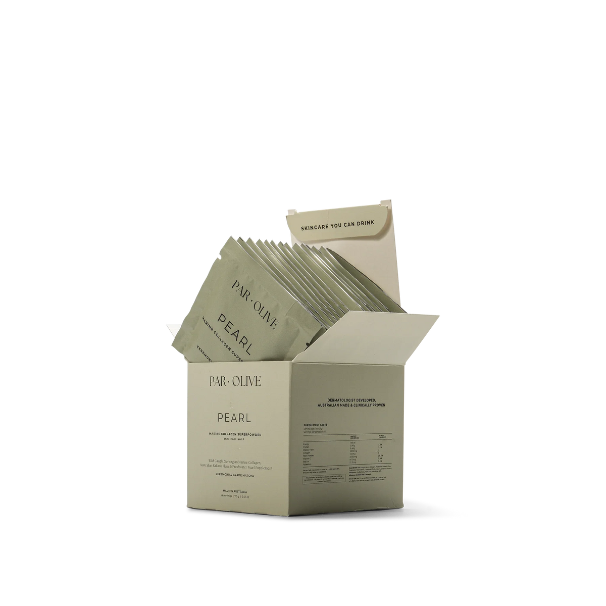 Par Olive Pearl Marine Collagen Superpowder – Travel Set – pearl matcha sachet box open