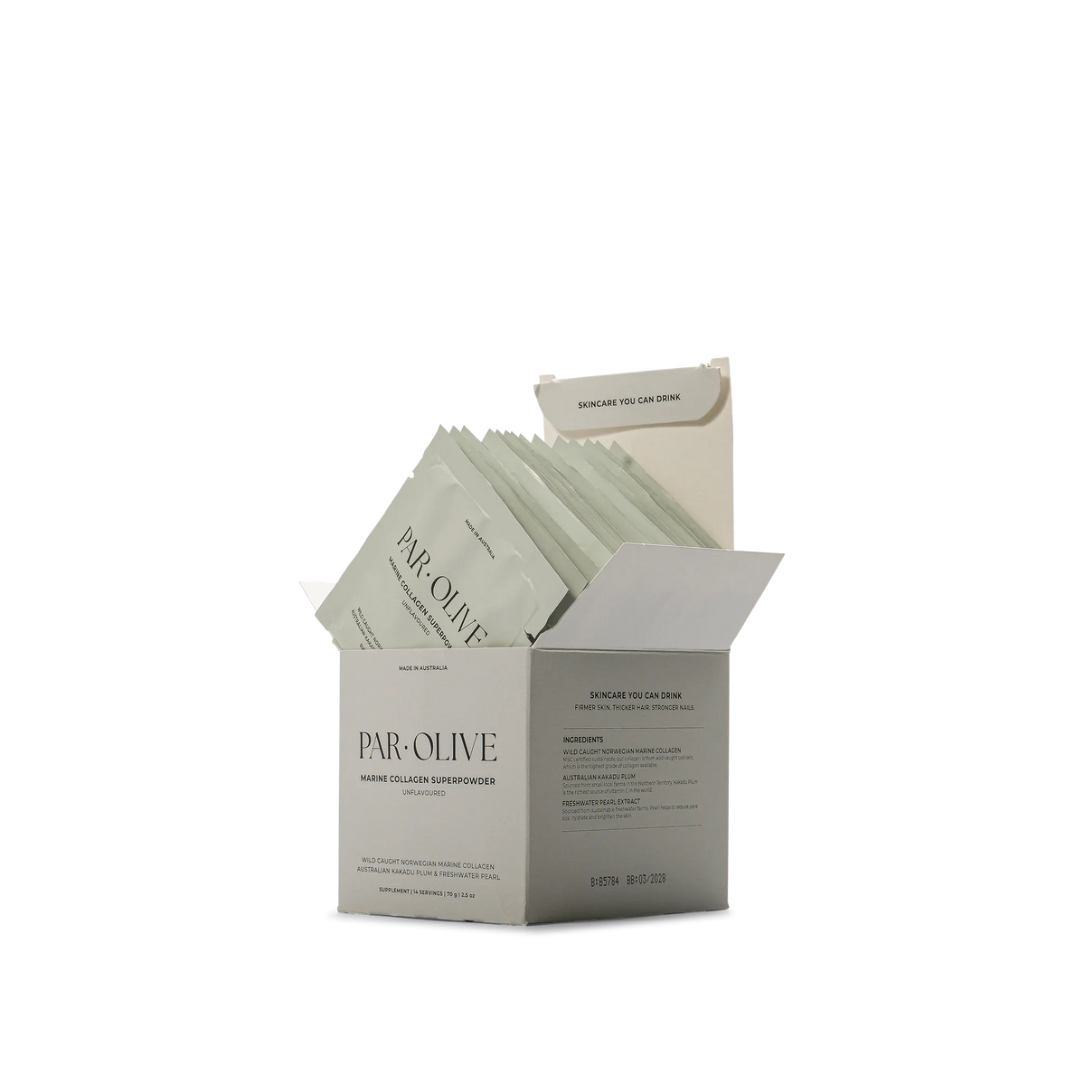 Par Olive Pearl Marine Collagen Superpowder – Travel Set – unflavoured sachet box open