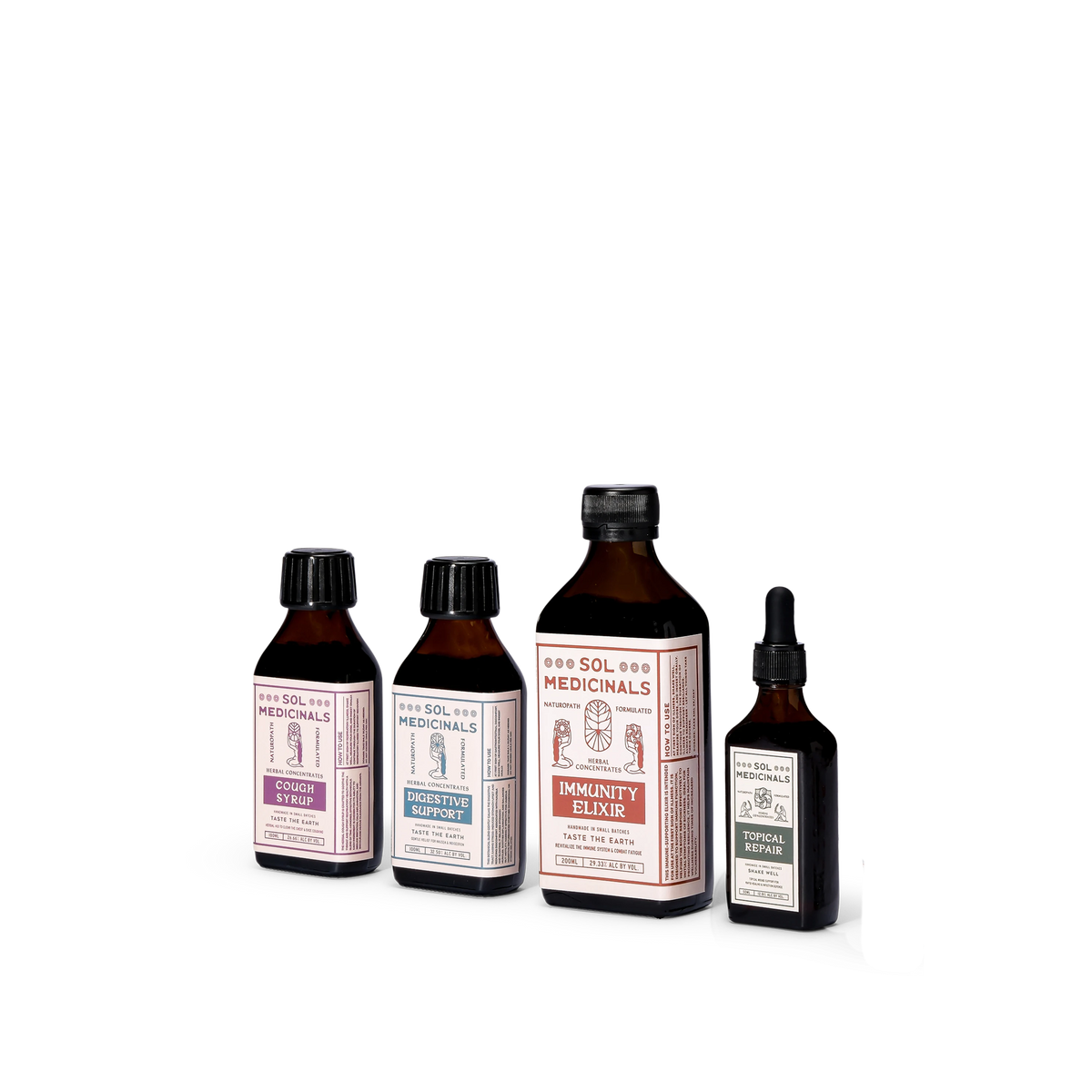 Sol Medicals products arranged in a row on a white background, including Wisdom Potion, Wisdom Elixir, Doginity Elixir, and Elderberry Syrup.
