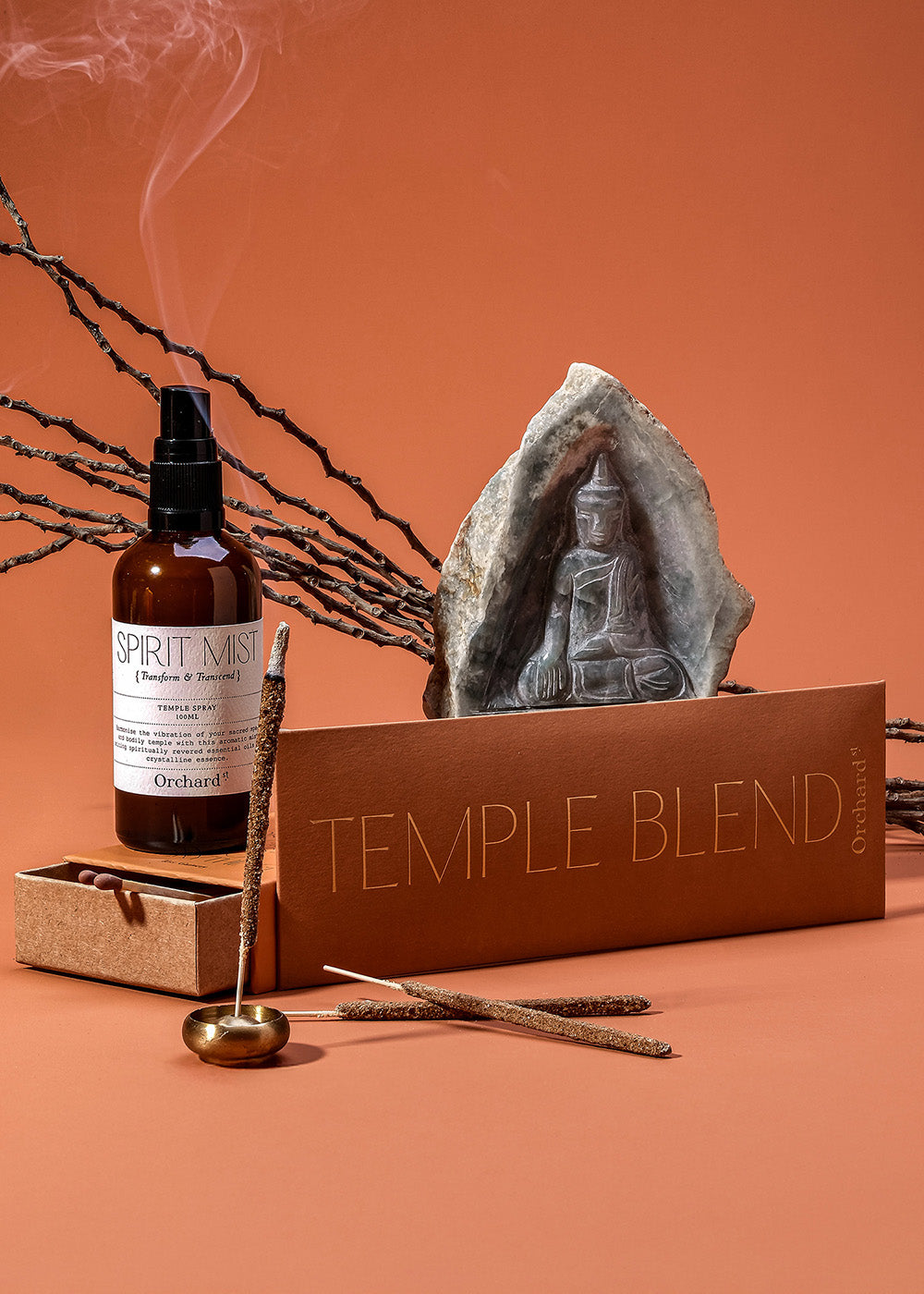 Natural incense ritual set with brass holder, incense sticks and Orchard St. mist spray