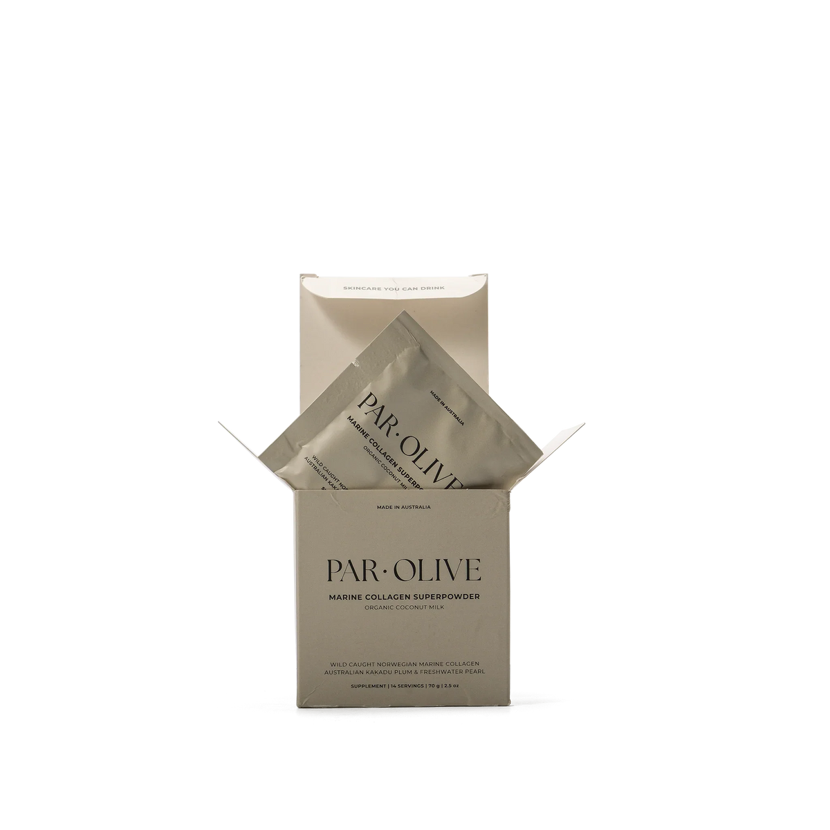 Par Olive Pearl Marine Collagen Superpowder – Travel Set – coconut milk sachet box front