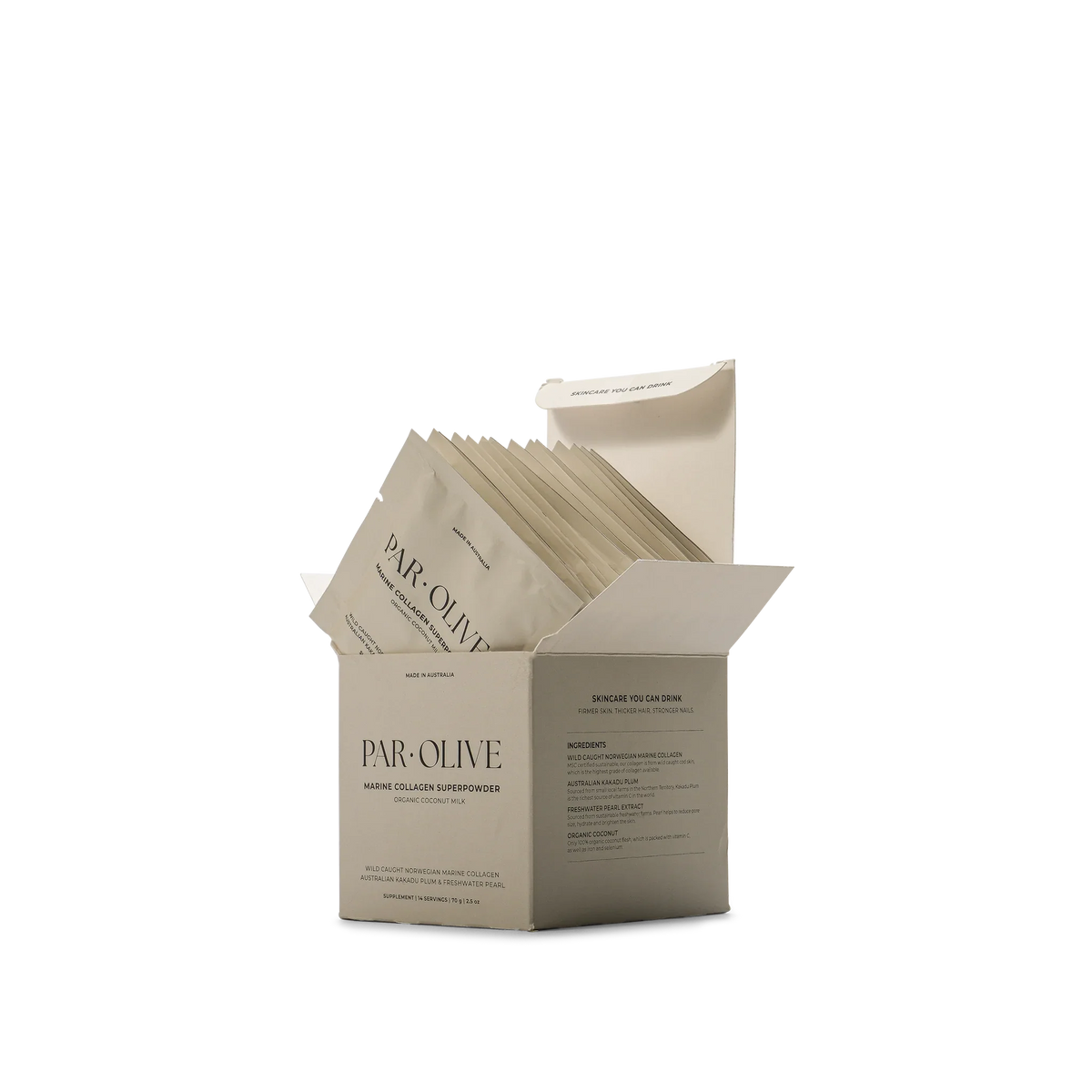Par Olive Pearl Marine Collagen Superpowder – Travel Set – coconut milk sachet box open