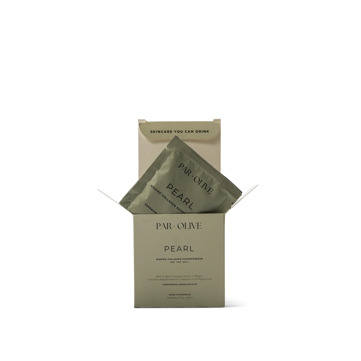 Par Olive Pearl Marine Collagen Superpowder – Travel Set – pearl matcha sachet box front