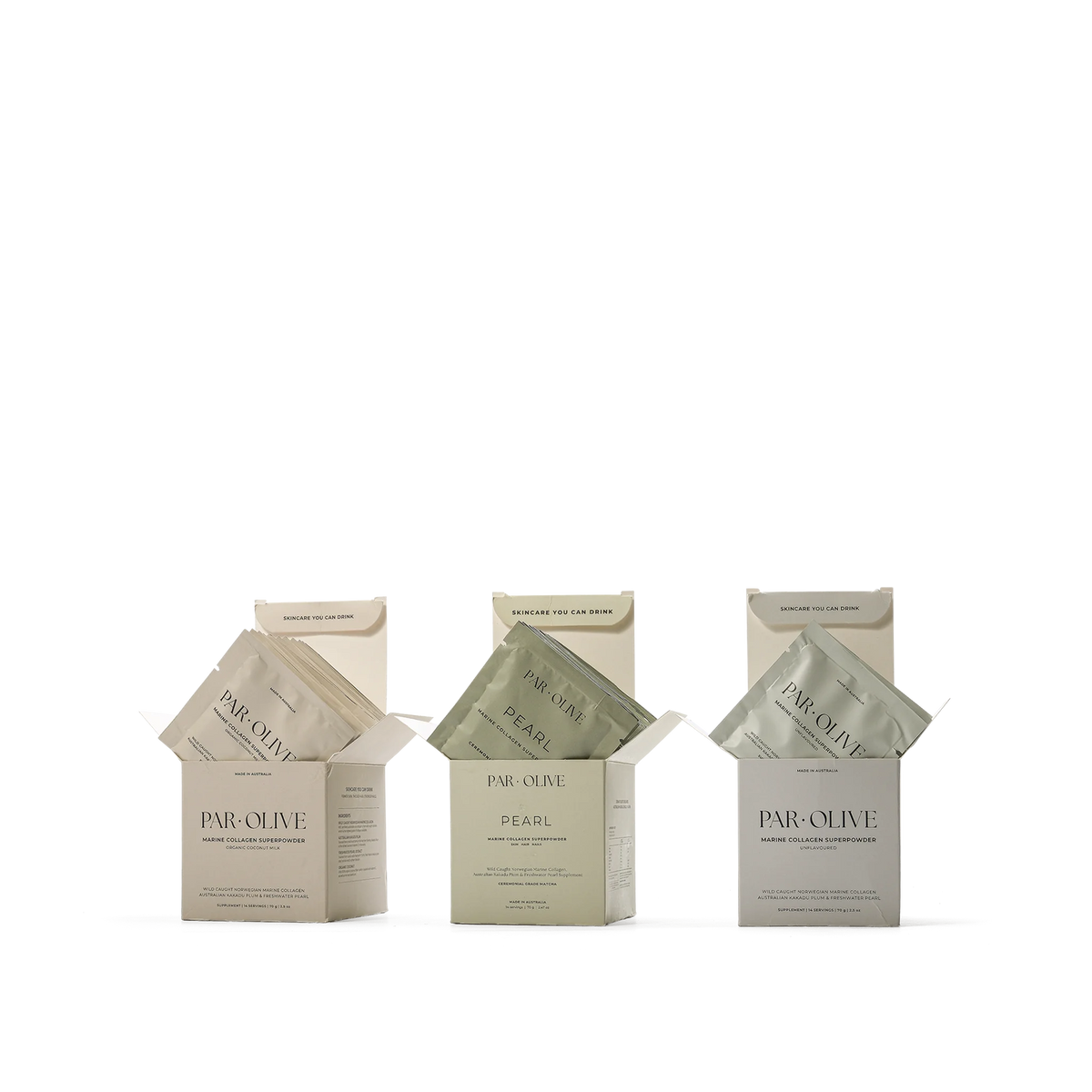 Par Olive Pearl Marine Collagen Superpowder – Travel Set – sachet box range group