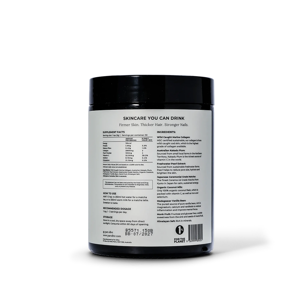 Orchard St. – Par Olive2 Pearl Marine Collagen Superpowder Matcha Back