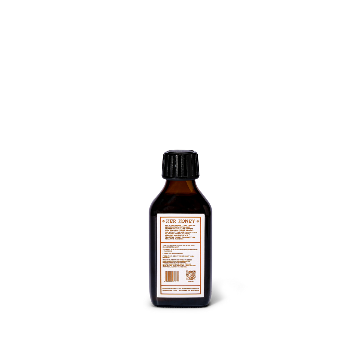 Sol Medicinals Her Honey's liquid supplement shown from the back, featuring a black ribbed cap and a white label with brown text and borders, set against a plain white background.