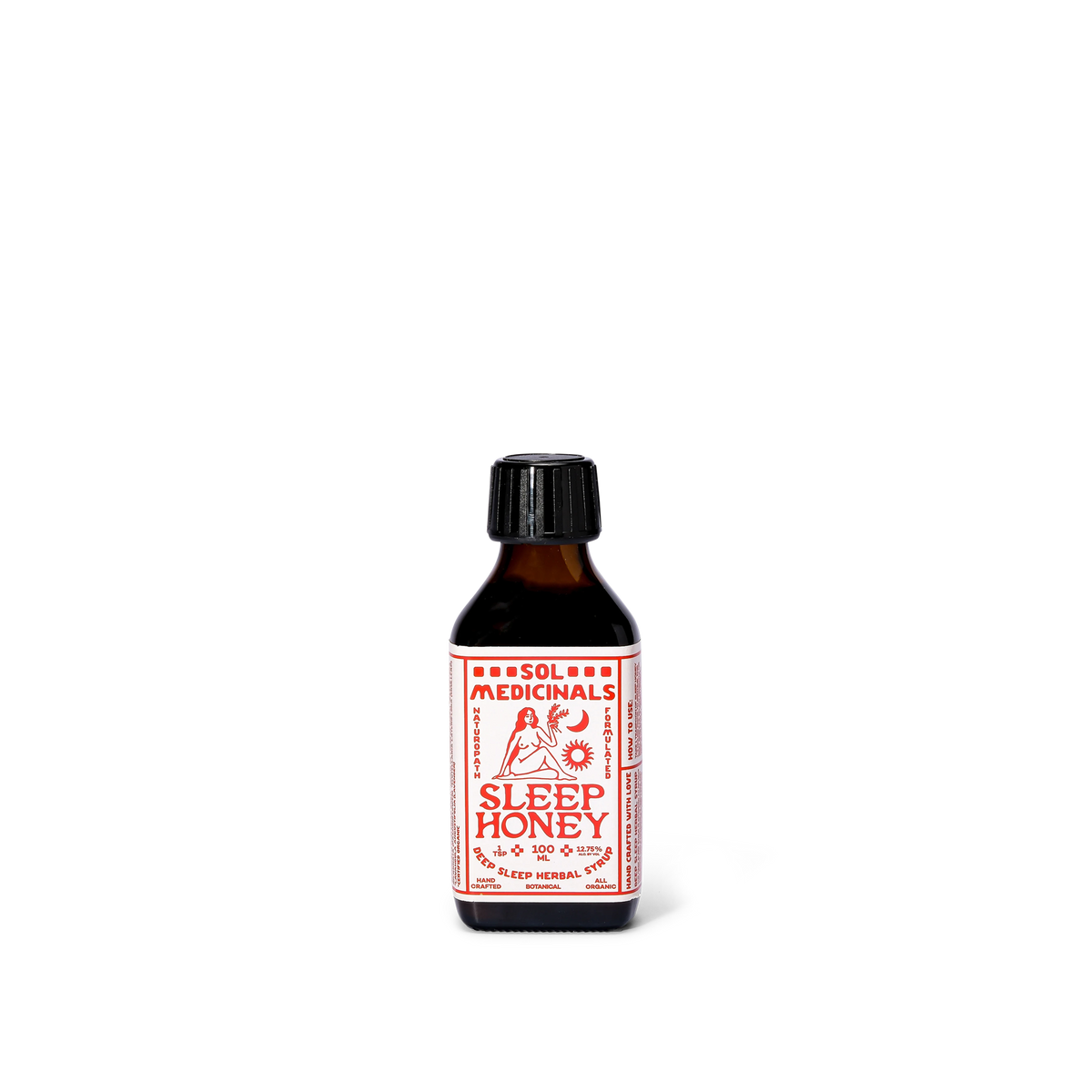 Sol Medicinals Sleep Honey with a black cap and a white label featuring red text and illustration, centered on a solid white background.