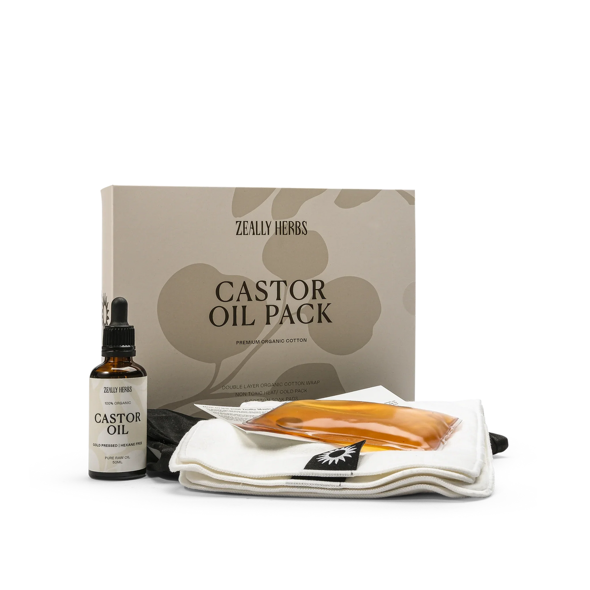 Zeally Herbs Castor Wrap Pack & Oil – contents group
